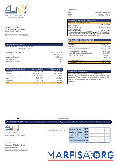 Printable Gabon Alios Finance bank mortgage statement scr example